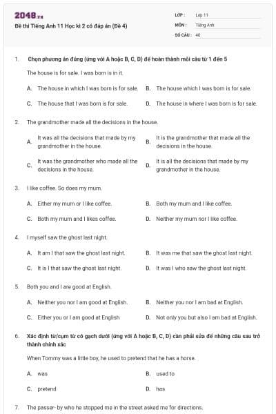 Đề thi Tiếng Anh 11 Học kì 2 có đáp án (Đề 4)