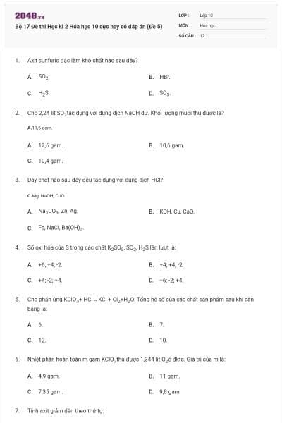 Bộ 17 Đề thi Học kì 2 Hóa học 10 cực hay có đáp án (Đề 5)