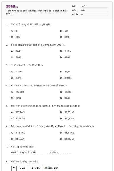 Tổng hợp đề thi cuối kì II môn Toán lớp 5, có lời giải chi tiết (Đề 7)