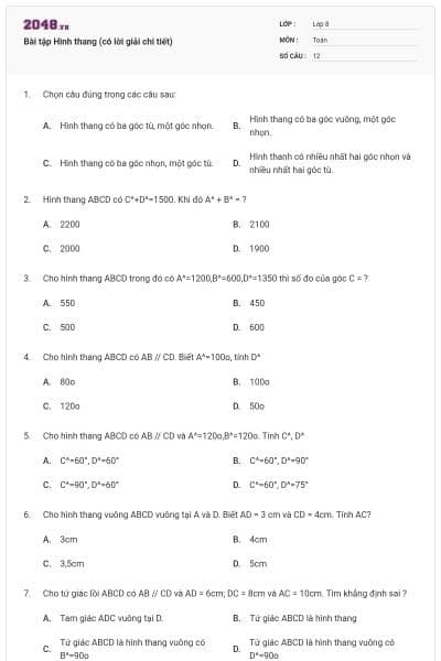 Bài tập Hình thang (có lời giải chi tiết)