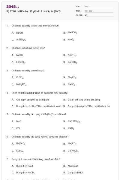 Bộ 12 Đề thi Hóa học 11 giữa kì 1 có đáp án (Đề 7)