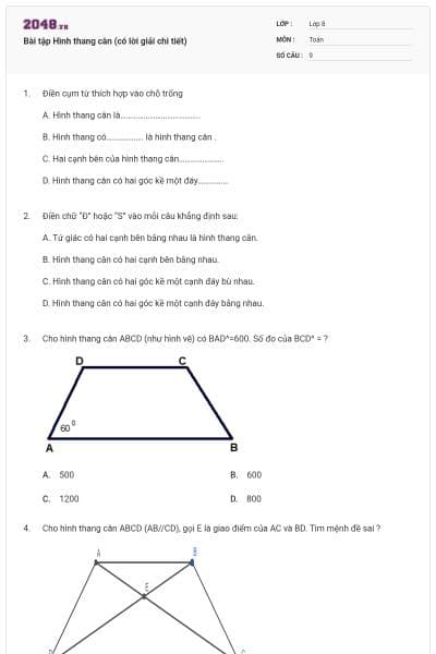 Bài tập Hình thang cân (có lời giải chi tiết)