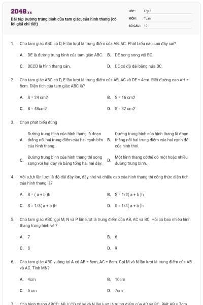 Bài tập Đường trung bình của tam giác, của hình thang (có lời giải chi tiết)