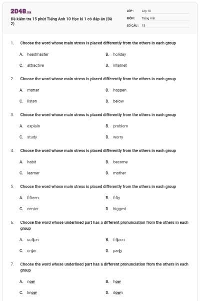 Đề kiểm tra 15 phút Tiếng Anh 10 Học kì 1 có đáp án (Đề 2)