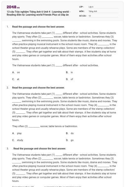 13 câu Trắc nghiệm Tiếng Anh 6 Unit 4 : Learning world - Reading điền từ: Learning world Friends Plus có đáp án