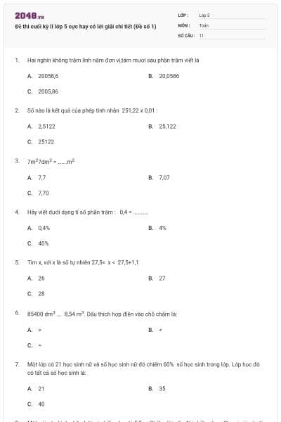 Đề thi cuối kỳ II lớp 5 cực hay có lời giải chi tiết (Đề số 1)