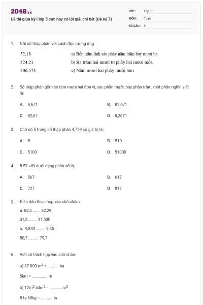 Đề thi giữa kỳ I lớp 5 cực hay có lời giải chi tiết (Đề số 7)