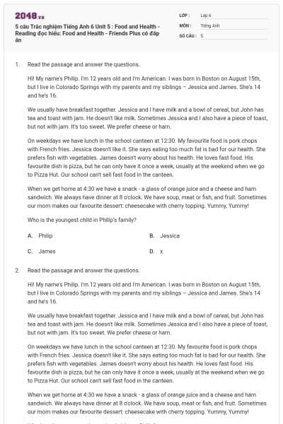 5 câu Trắc nghiệm Tiếng Anh 6 Unit 5 : Food and Health - Reading đọc hiểu: Food and Health - Friends Plus có đáp án