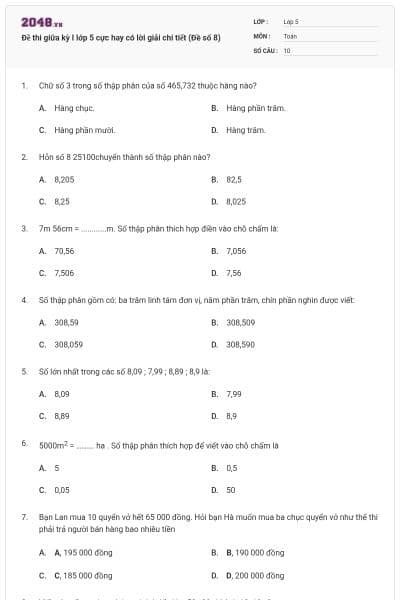 Đề thi giữa kỳ I lớp 5 cực hay có lời giải chi tiết (Đề số 8)