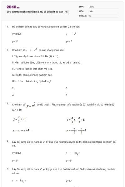 200 câu trắc nghiệm Hàm số mũ và Logarit cơ bản (P5)
