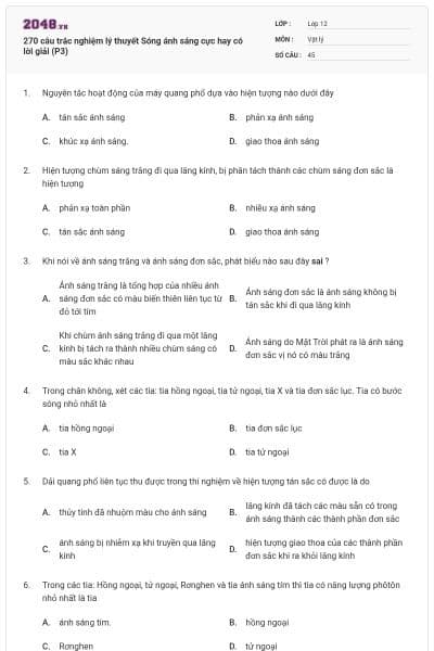 270 câu trắc nghiệm lý thuyết Sóng ánh sáng cực hay có lời giải (P3)