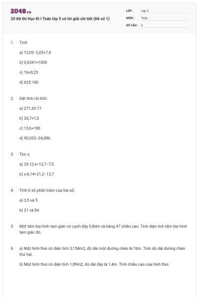 20 Đề thi Học Kì I Toán lớp 5 có lời giải chi tiết (Đề số 1)