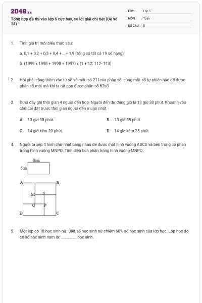 Tổng hợp đề thi vào lớp 6 cực hay, có lời giải chi tiết (Đề số 14)