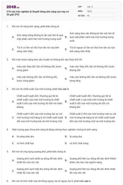 270 câu trắc nghiệm lý thuyết Sóng ánh sáng cực hay có lời giải (P4)
