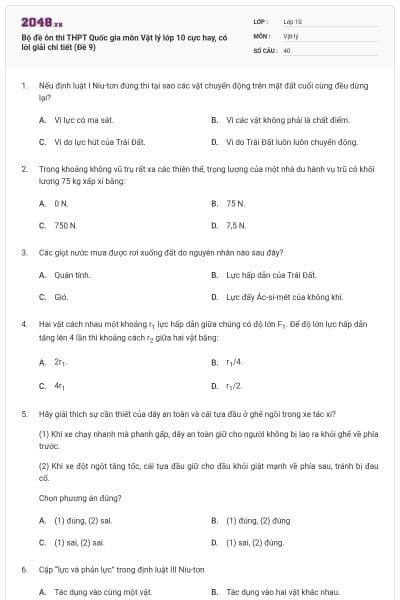 Bộ đề ôn thi THPT Quốc gia môn Vật lý lớp 10 cực hay, có lời giải chi tiết (Đề 9)