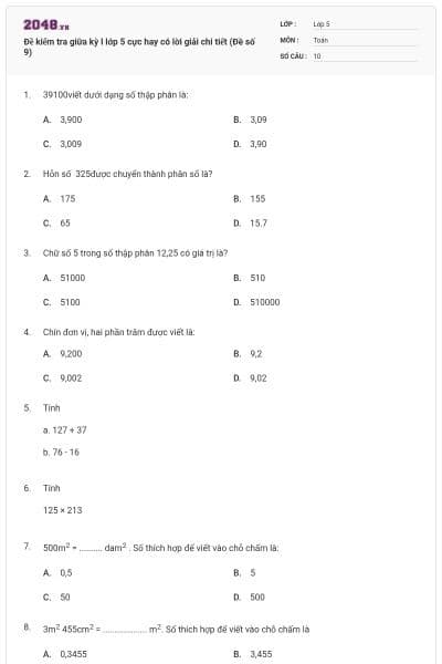 Đề kiểm tra giữa kỳ I lớp 5 cực hay có lời giải chi tiết (Đề số 9)