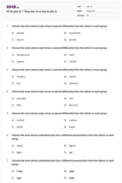 Đề thi giữa kì 1 Tiếng Anh 10 có đáp án (Đề 2)