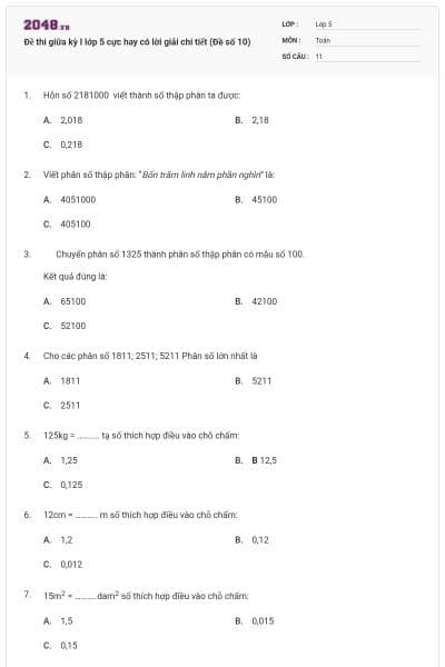 Đề thi giữa kỳ I lớp 5 cực hay có lời giải chi tiết (Đề số 10)