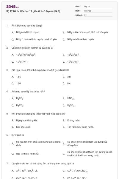 Bộ 12 Đề thi Hóa học 11 giữa kì 1 có đáp án (Đề 8)