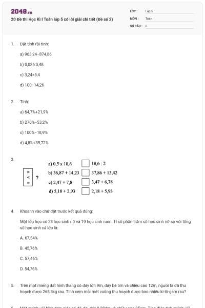 20 Đề thi Học Kì I Toán lớp 5 có lời giải chi tiết (Đề số 2)