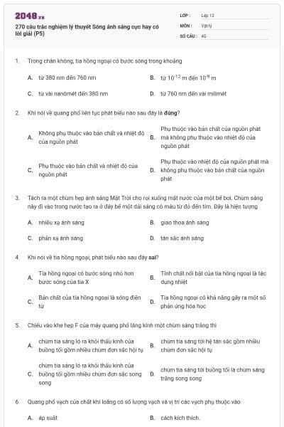 270 câu trắc nghiệm lý thuyết Sóng ánh sáng cực hay có lời giải (P5)