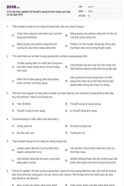 215 câu trắc nghiệm lý thuyết Lượng tử ánh sáng cực hay có lời giải (P5)