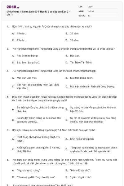 Đề kiểm tra 15 phút Lịch Sử 9 Học kì 2 có đáp án (Lần 2 - Đề 1)
