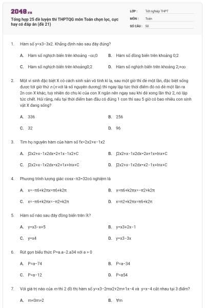 Tổng hợp 25 đề luyện thi THPTQG môn Toán chọn lọc, cực hay có đáp án (đề 21)
