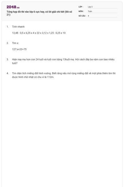 Tổng hợp đề thi vào lớp 6 cực hay, có lời giải chi tiết (Đề số 21)