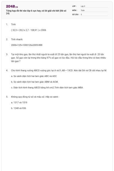 Tổng hợp đề thi vào lớp 6 cực hay, có lời giải chi tiết (Đề số 24)