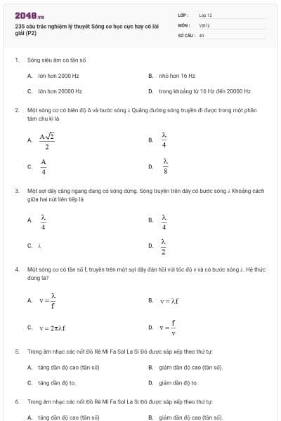 235 câu trắc nghiệm lý thuyết Sóng cơ học cực hay có lời giải (P2)