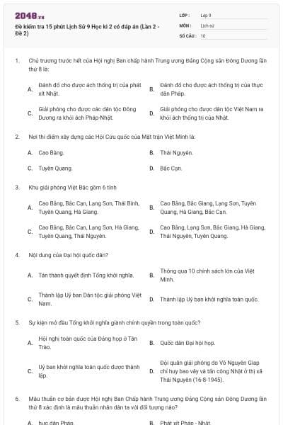 Đề kiểm tra 15 phút Lịch Sử 9 Học kì 2 có đáp án (Lần 2 - Đề 2)