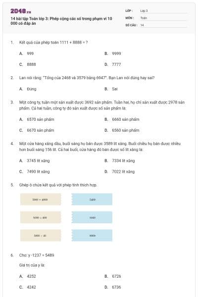 14 bài tập Toán lớp 3: Phép cộng các số trong phạm vi 10 000 có đáp án