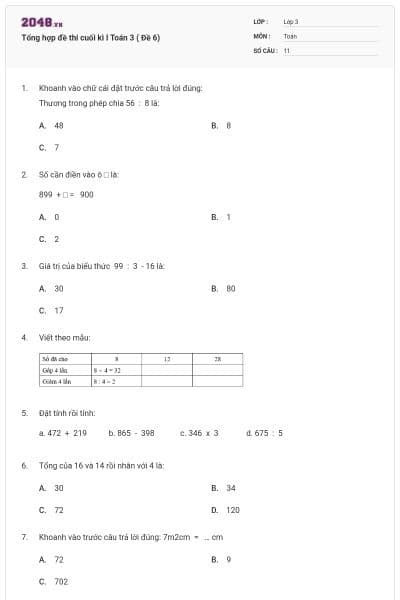 Tổng hợp đề thi cuối kì I Toán 3 ( Đề 6)