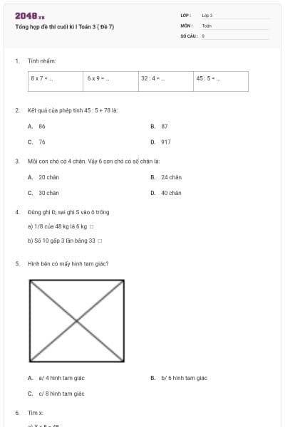 Tổng hợp đề thi cuối kì I Toán 3 ( Đề 7)