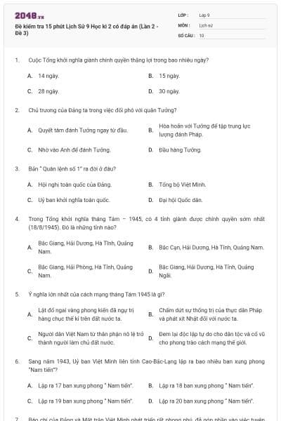 Đề kiểm tra 15 phút Lịch Sử 9 Học kì 2 có đáp án (Lần 2 - Đề 3)