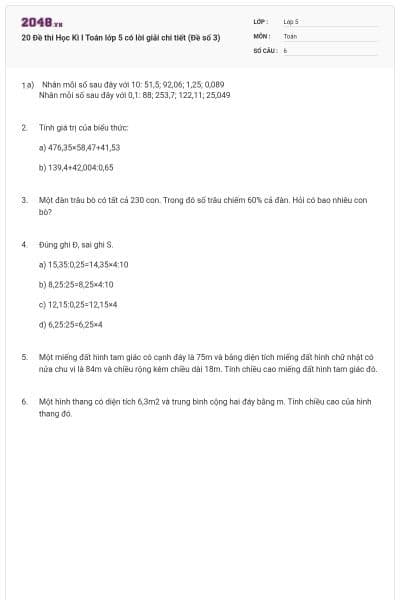 20 Đề thi Học Kì I Toán lớp 5 có lời giải chi tiết (Đề số 3)