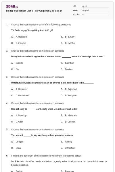 Bài tập trắc nghiệm Unit 2 - Từ Vựng phần 2 có đáp án