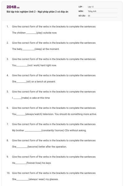 Bài tập trắc nghiệm Unit 2 - Ngữ pháp phần 2 có đáp án