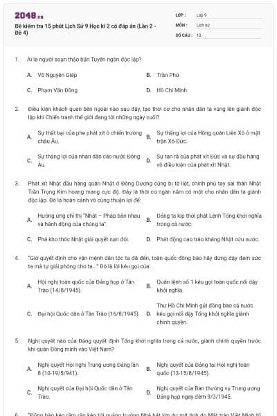 Đề kiểm tra 15 phút Lịch Sử 9 Học kì 2 có đáp án (Lần 2 - Đề 4)