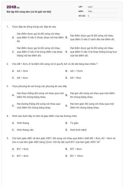 Bài tập Đối xứng tâm (có lời giải chi tiết)