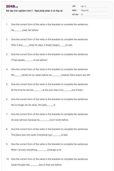 Bài tập trắc nghiệm Unit 2 - Ngữ pháp phần 4 có đáp án