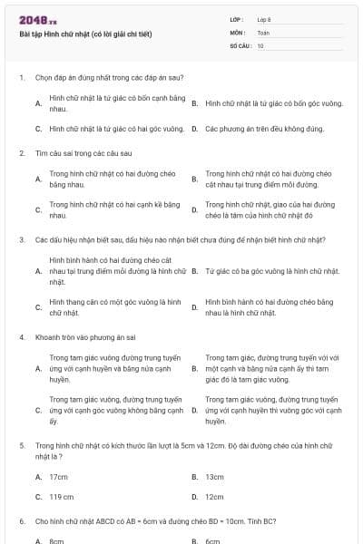 Bài tập Hình chữ nhật (có lời giải chi tiết)