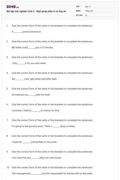 Bài tập trắc nghiệm Unit 2 - Ngữ pháp phần 6 có đáp án