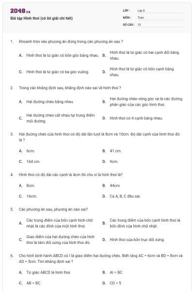 Bài tập Hình thoi (có lời giải chi tiết)