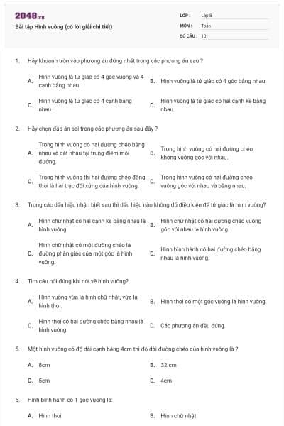 Bài tập Hình vuông (có lời giải chi tiết)