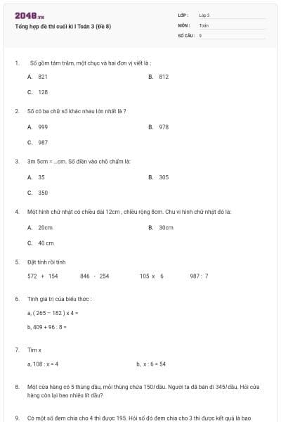 Tổng hợp đề thi cuối kì I Toán 3 (Đề 8)