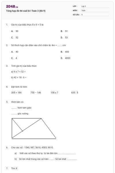 Tổng hợp đề thi cuối kì I Toán 3 (Đề 9)