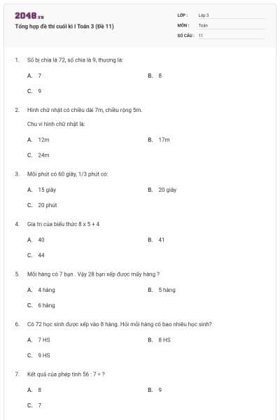 Tổng hợp đề thi cuối kì I Toán 3 (Đề 11)