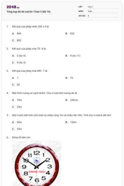 Tổng hợp đề thi cuối kì I Toán 3 (Đề 14)